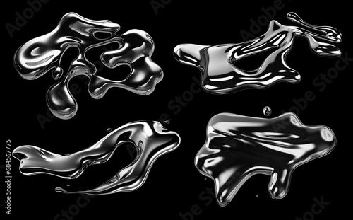 Y2K Melted chrome liquid metal shapes set isolated. Spilled wavy molten gloss aluminium mercury form. Futuristic aluminium droplets photo
