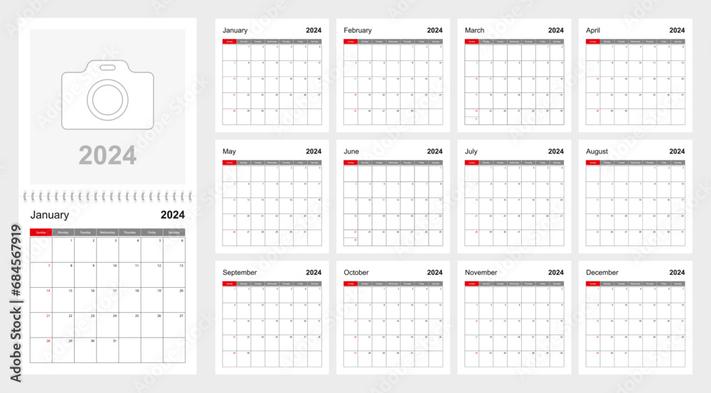 Wall calendar template for 2024 year. Holiday and event planner, week starts on Sunday. - obrazy, fototapety, plakaty 