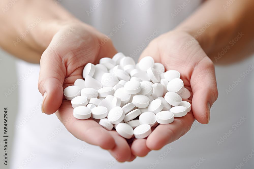 White pills on human hands with white medical gown background White pills on human hands with white medical gown background