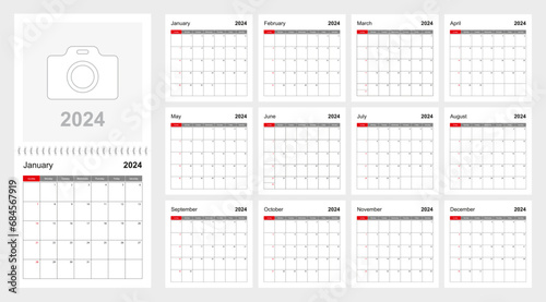 Wall calendar template for 2024 year. Holiday and event planner, week starts on Sunday.