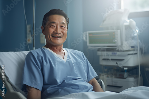 Asian old male patient sitting and smilling on hospital bed
