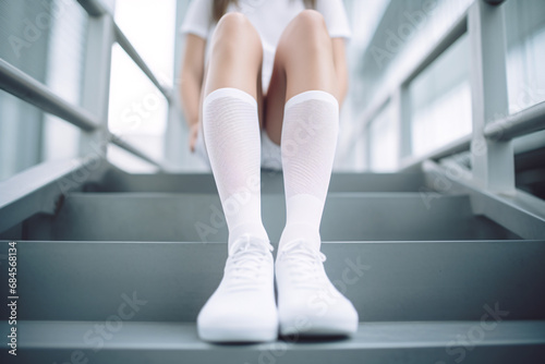 White women's socks mockup, white shoes, casual fashion, closeup view photo