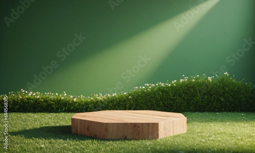 grass on a wooden background Photo green product stand on background