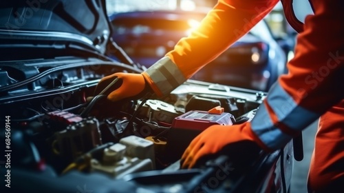 expert auto technician conducting electric battery maintenance and repair service in automotive workshop – hands-on inspection of car electrical system
