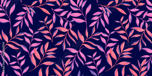 Tropical, creative, colorful leaves stem seamless pattern. Vector hand drawn. Leaf branches orange, pink foliage print. Template for design.