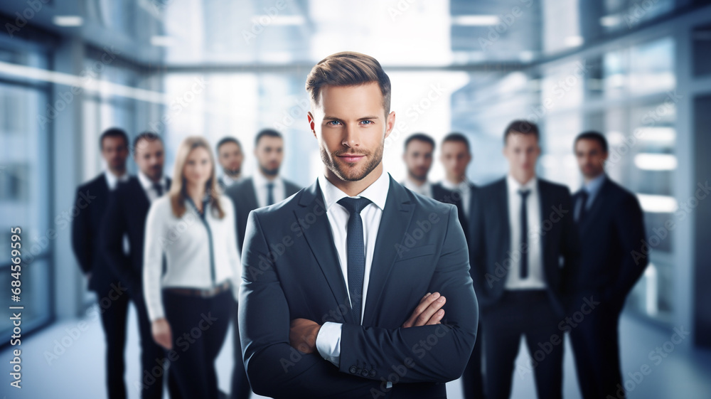 businessman in office with a team behind businessman in office with a team behind