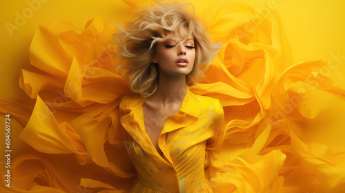 The Golden Goddess: A Sexy Woman with Sun-Kissed Locks in a Radiant Yellow Dress. Fashion Style Cover Magazine and Wallpaper