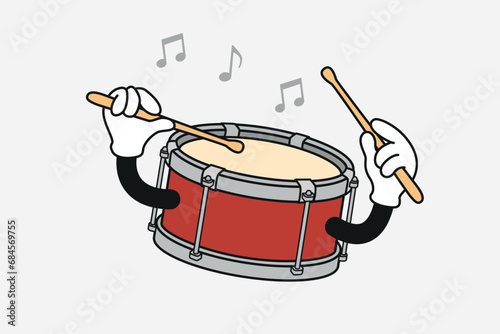 Cute snare drum cartoon character with hand holding stick and hitting drum, on isolated background.