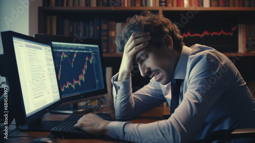 Man watching crashing stocks plunging slumping bearish financial crisis recession collapse panic