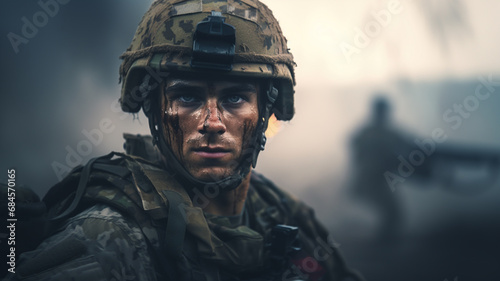 Portrait of male soldier looking at camera.