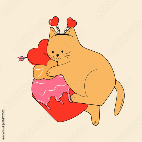 Cute cat with valentines decorations. Vector illustration.