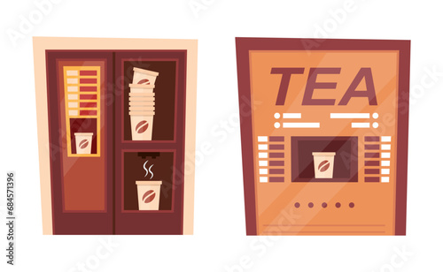 Vending machines. cartoon coffee tea hot drinks automats, selling vending equipment concept purchase assortment, cappuccino beverage hot packaging. vector cartoon minimalistic coffee vending.