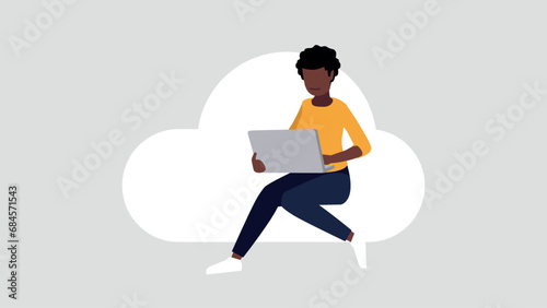 Relaxed woman sitting on a cloud doing secure log in - cloud cincept