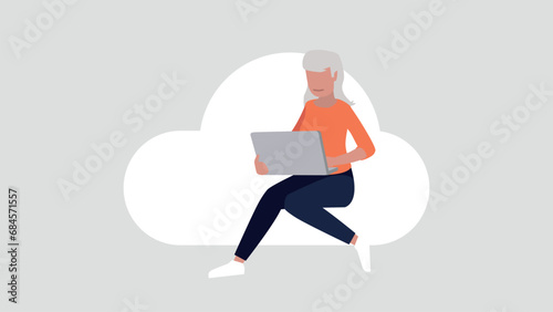 Relaxed woman sitting on a cloud doing secure log in - cloud cincept
