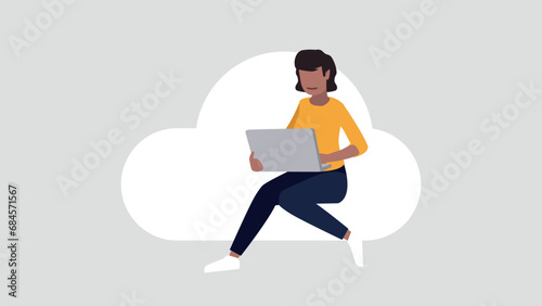 Relaxed woman sitting on a cloud doing secure log in - cloud cincept