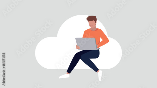 Relaxed woman sitting on a cloud doing secure log in - cloud cincept