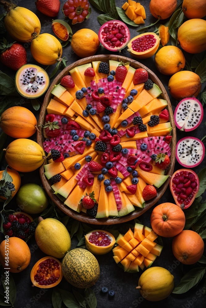 Top view of a lot of colorful exotic fruits and berries in slices on the table.