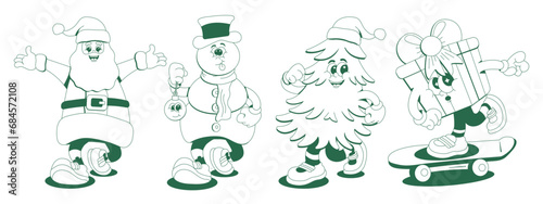 Funny retro cartoon characters Merry Christmas. Set of vector stickers in 70s style Monochrome.