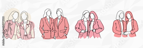 Stilvolle Eleganz: Bundle mit Vektorgrafiken von Lineart-Illustrationen von lesbischen Paaren in pinken Anzügen