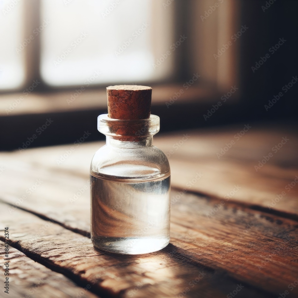 bottle of perfume on wooden table