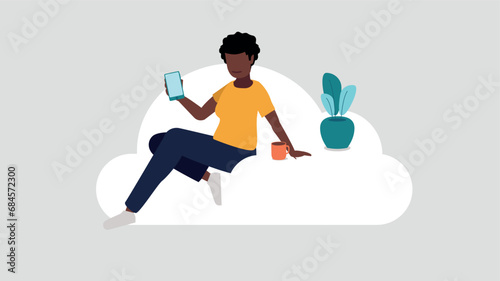 Relaxed person sitting on a cloud doing secure log in on a smartphone - cloud service concept