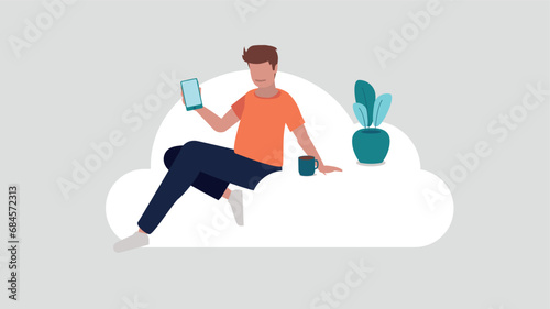 Relaxed person sitting on a cloud doing secure log in on a smartphone - cloud service concept