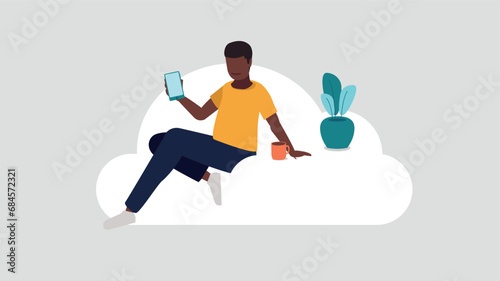 Relaxed person sitting on a cloud doing secure log in on a smartphone - cloud service concept