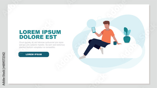 Relaxed person sitting on a cloud doing secure log in on a smartphone - cloud service concept