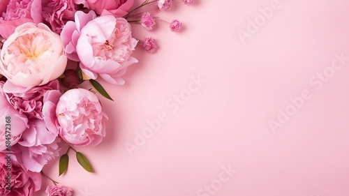 Greeting card with frame of peony flowers on pink background. Copy space