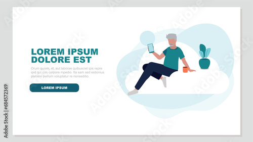 Relaxed person sitting on a cloud doing secure log in on a smartphone - cloud service concept