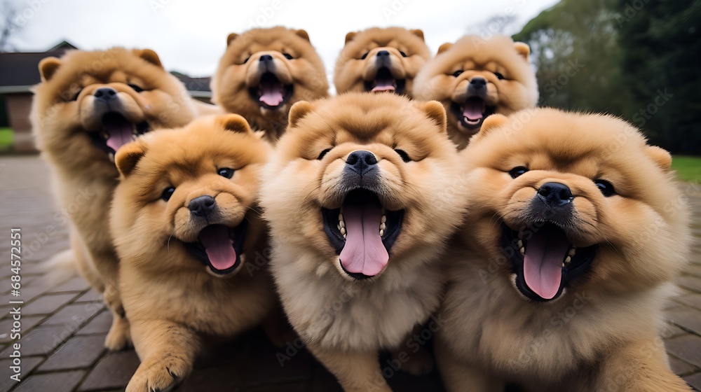 Group of cute Chow chow puppies making selfie. - obrazy, fototapety, plakaty 