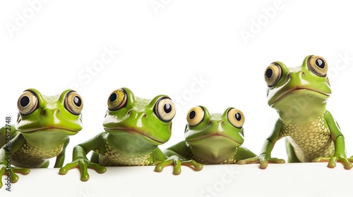 Group of funny green frogs making selfie at the white background..