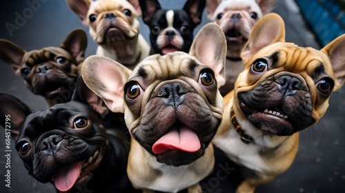 Group of cute French bulldog puppies making selfie.