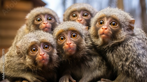 Group of funny Pygmy marmoset monkeys making selfie. photo