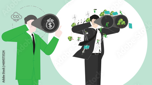 ESG sustainability business visionary. Carbon credit vision from reduce carbon footprint and carbon dioxide to carbon offset. Vision of businessman