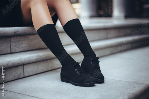 Black women's socks mockup, black shoes, casual fashion, closeup view