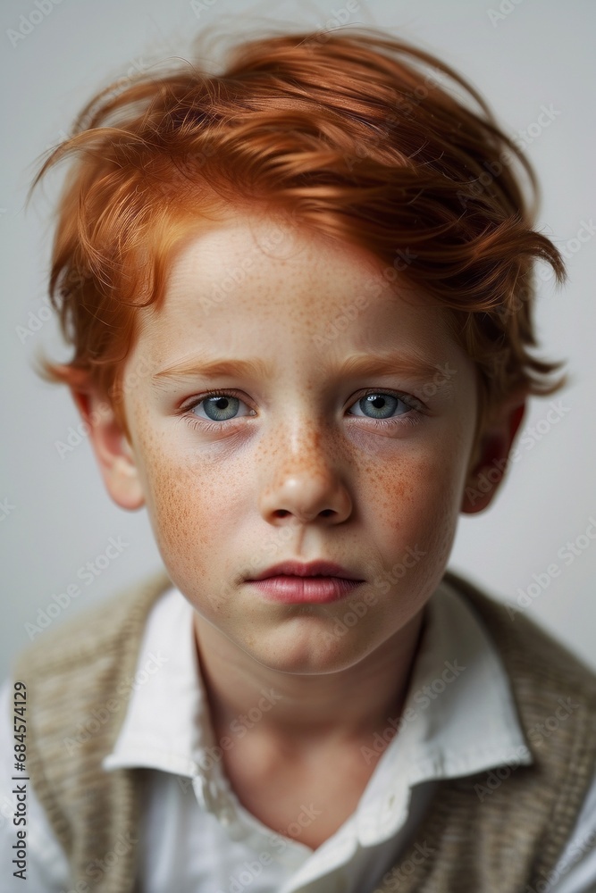 Close-up portrait of a beautiful red-haired 5-year-old boy with freckles on a white background. Children, a new generation of concept. Close-up portrait of a beautiful red-haired 5-year-old boy with freckles on a white background. Children, a new generation of concept.
