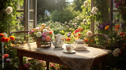 Table with flowers by the window
