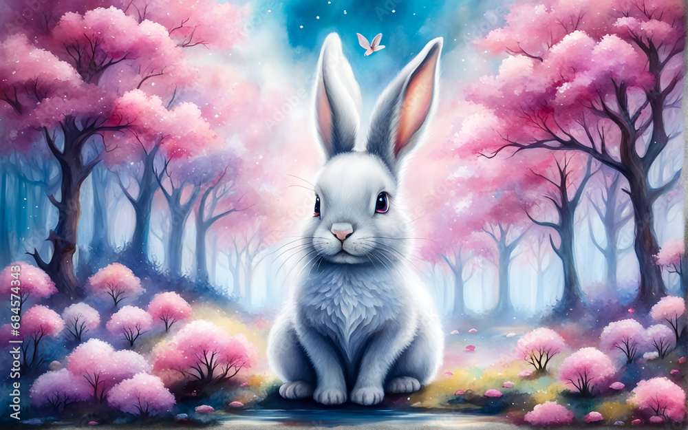 Obraz premium Cute rabbit, fantastic landscape in pink and blue tones. AI