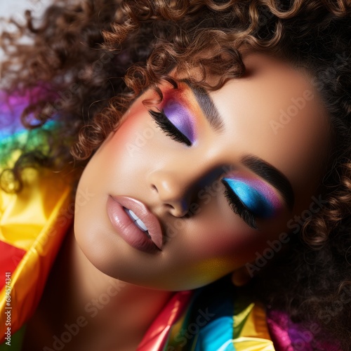 A Captivating Close-Up of a Woman with Beautiful Dark Curly Hair Wearing  A Rainbow Shirt and Matching Makeup. A close up of a woman with dark curly hair.