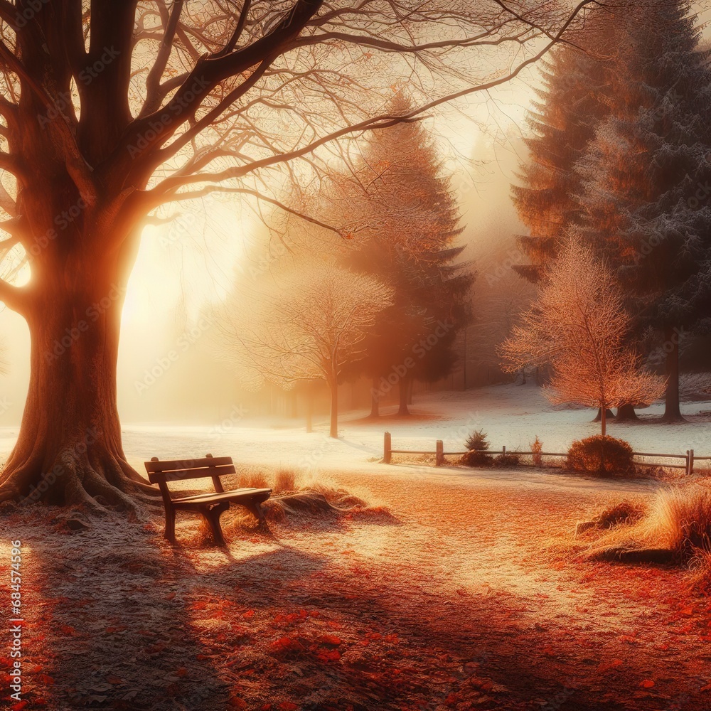 Autumn and winter landscape with bench and trees