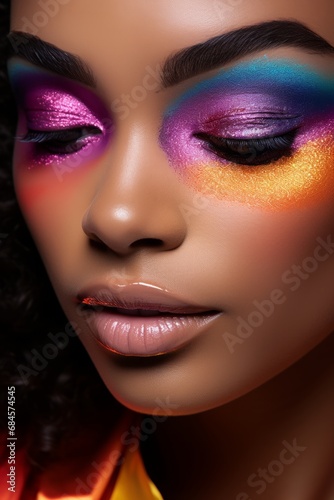 The Vibrant Beauty: A Woman with Striking Makeup Looking down. A woman with a bright metallic rainbow coloured makeup looking down.