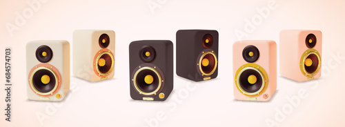 3d Different Color Sound Speakers Set Cartoon Style Modern Acoustic System Elements. Vector illustration of Loudspeakers