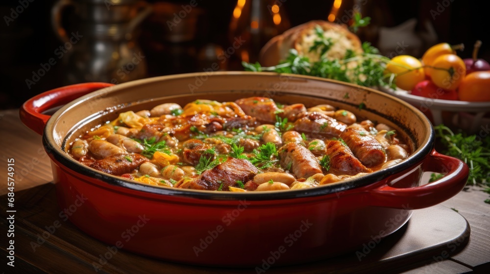 National Cassoulet Day: A rustic setting with a hearty cassoulet in a traditional clay dish, ready to be enjoyed.