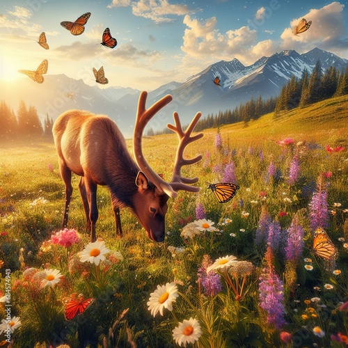 Elk calf in nature with butterfly
