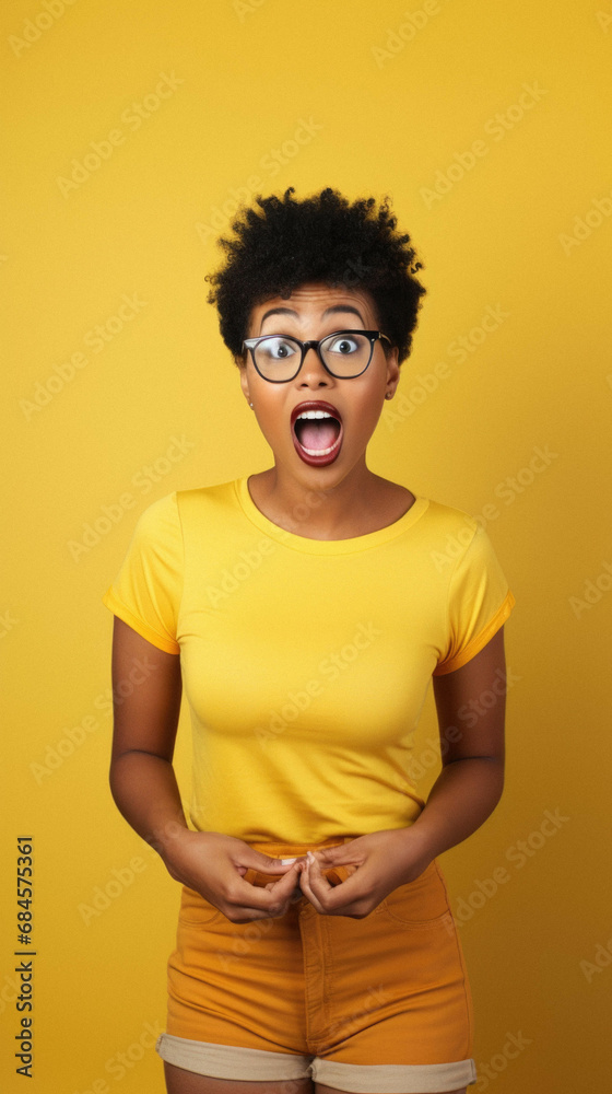 Obraz premium Surprised young african woman with yellow hair looking at camera on grey
