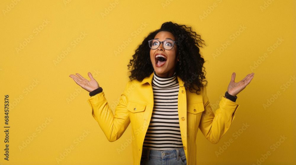 Portrait of excited young woman with curly hair wearing casual yellow jacket celebrating new year with raised hands, raising clenched fists, celebrating victory, - obrazy, fototapety, plakaty 