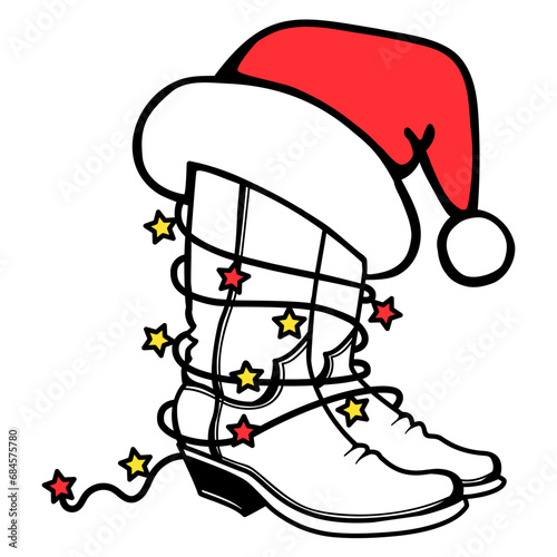 Cowboy Christmas vector printable illustration. Cowboy boots and Santa hat Christmas red yellow lights decor isolated on white for print or design.