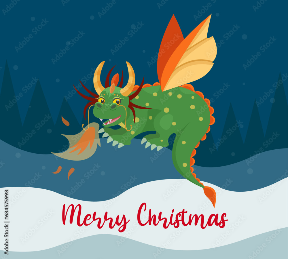 Year of the Dragon. Happy New Year 2024 greeting card. Cute green dragon. Happy New Year, dragon. Chinese symbol for 2024. Vector.