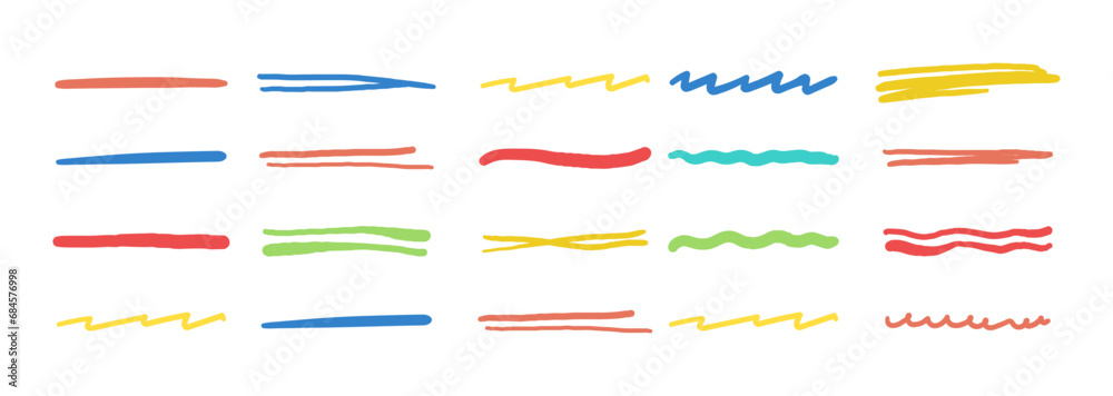 Collection of strikethrough multi colored crayon underlines. different doodle colorful wavy lines emphasis. Horizontal hand drawn marker stripes, brush strokes and arrows. - obrazy, fototapety, plakaty 